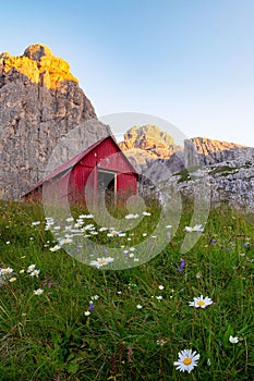 Vertical shot of a red shack in Val Canzoi, bivacco Feltre Walter Bodo