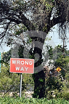 Vertical shot of a red sign wrong way in the forest