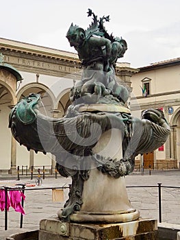 Vertical shot of renaissance fountain of Neptune in the Old Town of Florence Italy