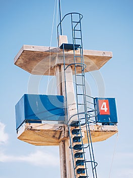 Vertical shot of a Rescue tower in Carihuela beach, Torremolinos, Spain photo