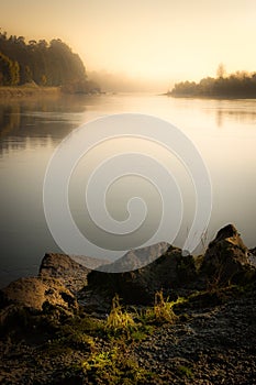 Vertical shot of the Rio Minho river, which is the longest river in Galicia