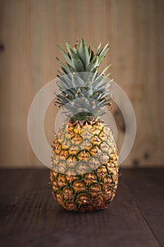 Vertical shot of a Ripe Tropical Pinapple on a wooden table with a wooden background.