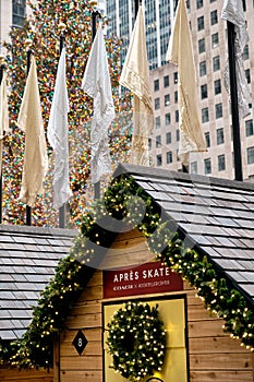Vertical shot of Rockefeller Center Christmas decorations in Manhattan, New York