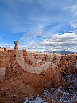 Vertical shot of rocky mountains covered with snow in Bryce Canyon National Park, Utah