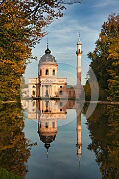 Vertical shot of the Rote Moschee in the Schwetzingen Palace Gardens in Germany