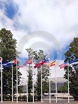 Vertical shot of a row of flags of different countries on white pols under a cloudy sky. photo
