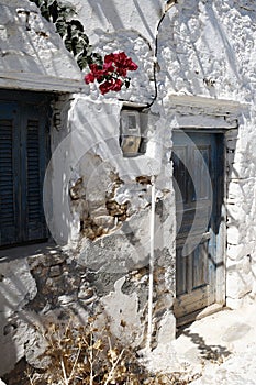 Vertical shot, ruined but charming Greek village house, Folegandros island.