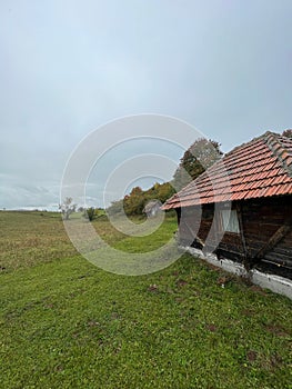 Vertical shot of rural wooden cottages in a large green field in Sjenica, Serbia photo