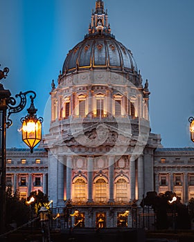 Vertical shot of the San Francisco City Hall at night in San Francisco, California, United States