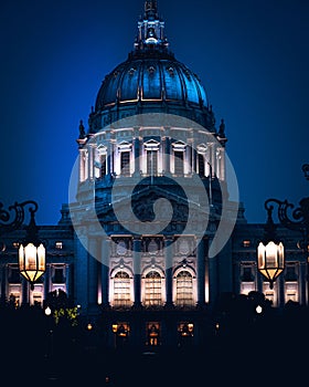 Vertical shot of the San Francisco City Hall at night in San Francisco, California, United States