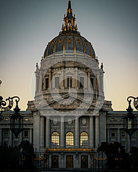 Vertical shot of the San Francisco City Hall at sunset in San Francisco, California, United States