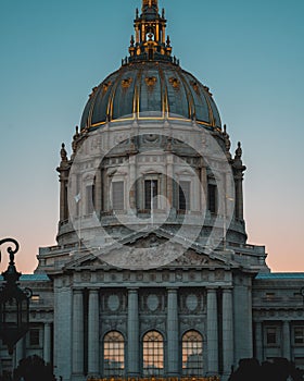 Vertical shot of the San Francisco City Hall at sunset in San Francisco, California, United States