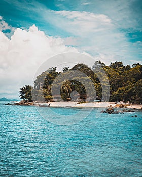 Vertical shot of a shore of green tropical trees in front of a blue sea and a boat, Ko Lipe Island