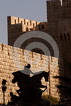 Vertical shot of the silhouette of the Statue of Saladin in Damascus, Syria