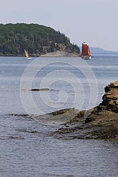 Vertical shot of small islands in Frenchman Bay at Bar Harbor, Maine, USA