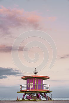 Vertical shot of a small lifeguard house in Lummus Park in Miami, USA
