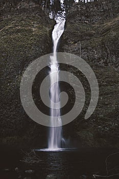 Vertical shot of a small waterfall in the center of the mossy rocks