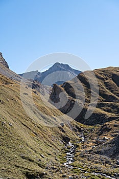 Vertical shot of Sommeiller peak covered with greenery between Italian and France border photo