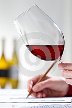 Vertical shot of sommelier evaluating red wine at table