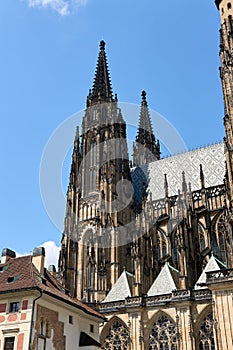 Vertical shot of the south facade of St. Vitus Cathedral in Prague