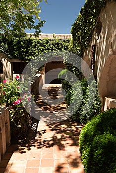 Vertical shot of a Spanish-style courtyard in Sedona, Arizona, USA.