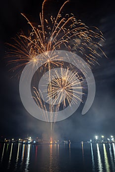 Vertical shot of a Spectacular night sky with an array of fireworks exploding over a body of water