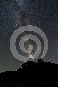 Vertical shot of a starry sky over the hills and trees.