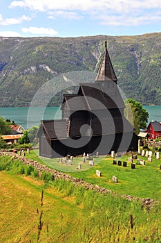 Vertical shot of stave church in Ornes village