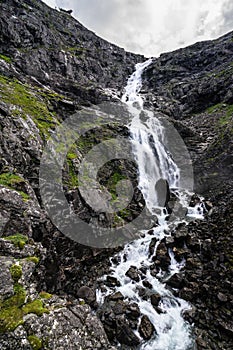 Vertical shot of Stigfossen waterfall in Norway Trollstigen road Andalsnes More og Romsdal regio