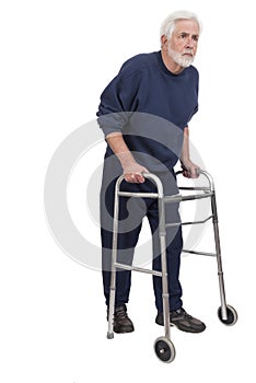 Stooped Old Man With Walker Isolated on White