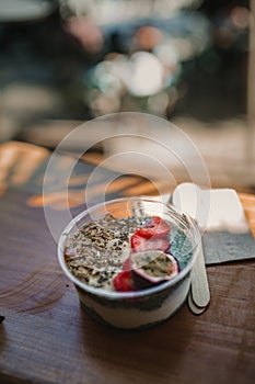 Vertical shot of strawberry dish on a table
