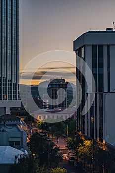 Vertical shot of a street with modern buildings at sunset