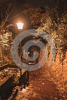 Vertical shot of a streetlamp in narrow stairs with bricks wall on the side