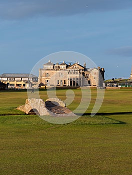 Vertical shot of Swilcan Bridge at the Old Course at St Andrews Links in Scotland.
