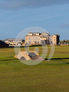 Vertical shot of the Swilcan Bridge at the Old Course at St Andrews Links in Scotland.