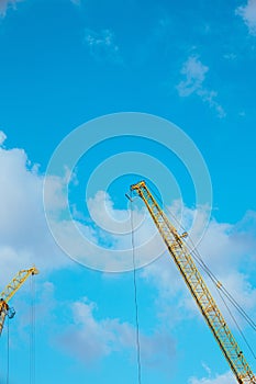 Vertical shot of tall yellow cranes in a blue sky