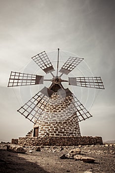 Vertical shot of Tefia historical windmill on Fuerteventura, Canary Islands