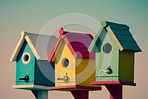 Vertical shot of three colorful birdhouses against the clear sky