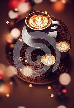 Vertical shot of three cups of cappuccino on a tray with cinnamon and cloves and bokeh lights