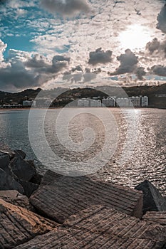 Vertical shot of the town of Fuenterrabia on the body of the sea in the Basque Country, Spain