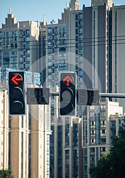 Vertical shot of traffic lights in Meishan, Sichuan Province, China