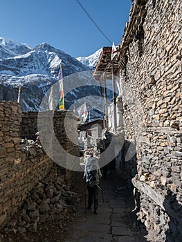 Vertical shot of a trekker in Annapurna Himalayas, Nepal