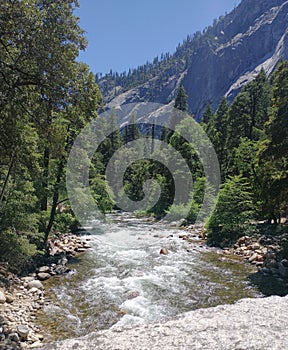 Vertical shot of the Tuolumne River in Yosemite National Park reveals a view of the mountains