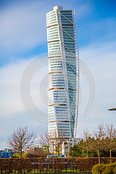 Vertical shot of the Turning Torso skyscraper in Malmo, Sweden