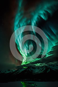 Vertical shot of the vibrant colors of the Northern Lights over mountains and a sea