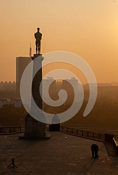 Vertical shot of the victor monument from the back in Belgrade Serbia at sunset