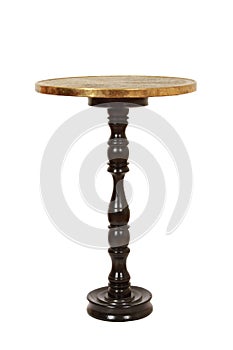 Vertical shot of a vintage wooden round table isolated on white background