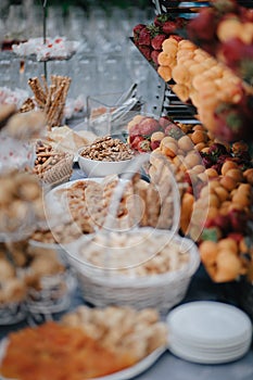 Vertical shot of wedding candy bar with nuts and pastry