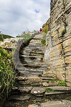 Vertical shot of the Whaligoe Steps, a man-made stairway of 365 steps near Wick, Caithness, Scotland