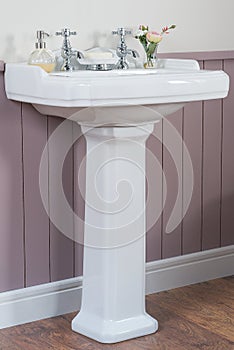Vertical shot of a white modern pedestal bathroom sink with soap dispenser and flower decoration